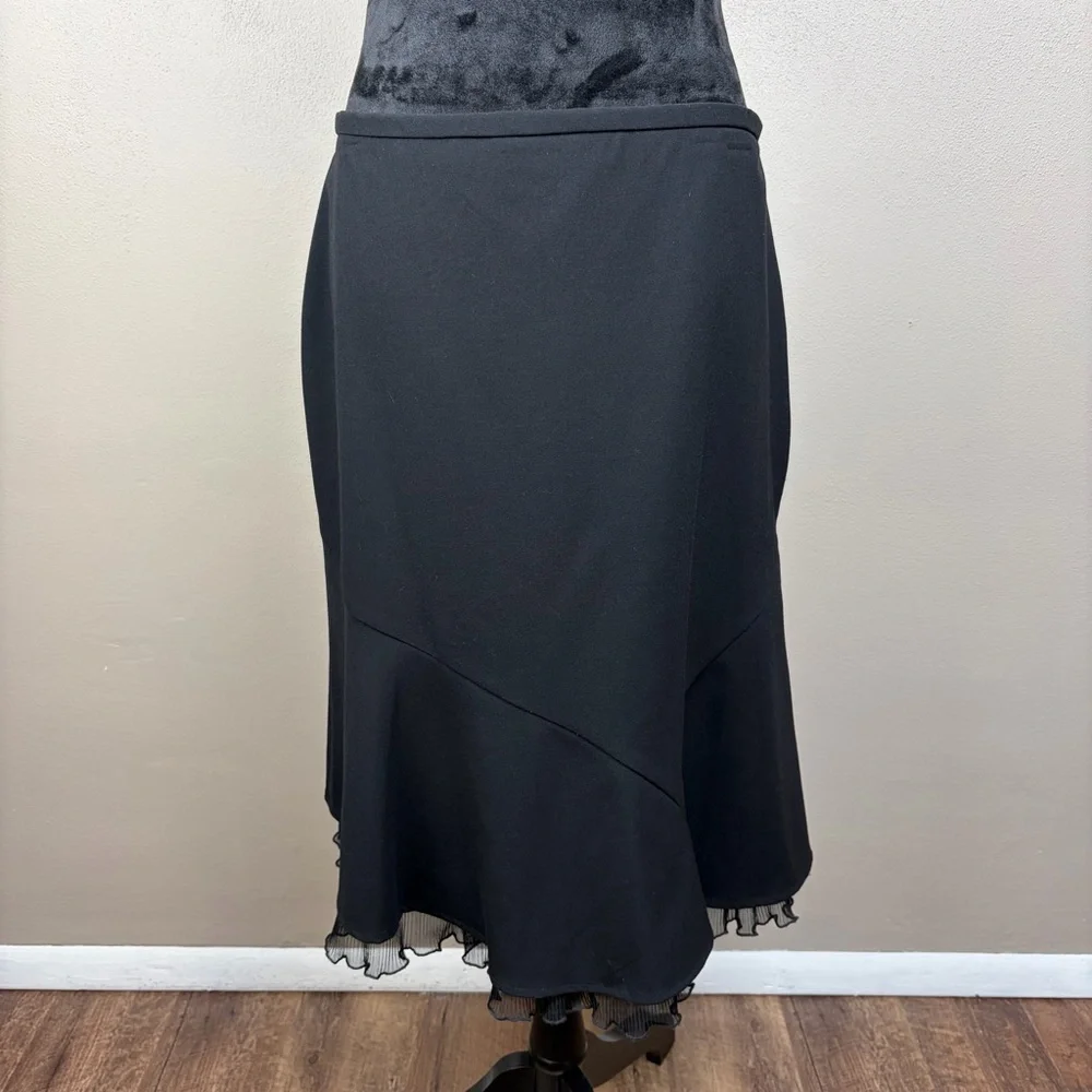 Vintage T. Garment Black Midi Skirt Asymmetrical Mesh Trim Y2K Office Goth L EUC
